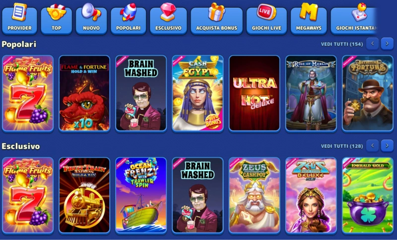 Schermata della libreria di giochi di Pistolo Casino che mostra slot, live dealer e tavoli